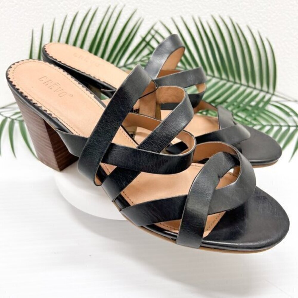 Crevo Petal Stacked Block Heel Leather Mule Sandal Size 9.5 Black Tan Strappy